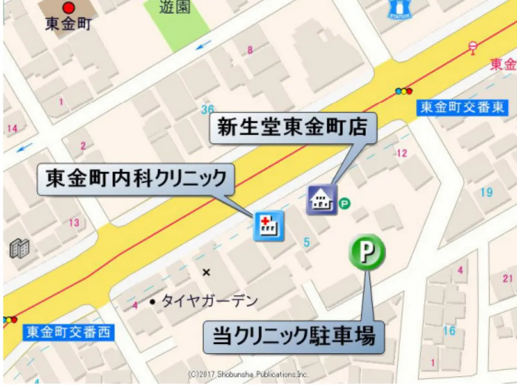 駐車場の位置の地図。大通りに面して東金町内科クリニックがあり、その東側に新生堂 東金町店、クリニックの駐車場はさらに南東側にある